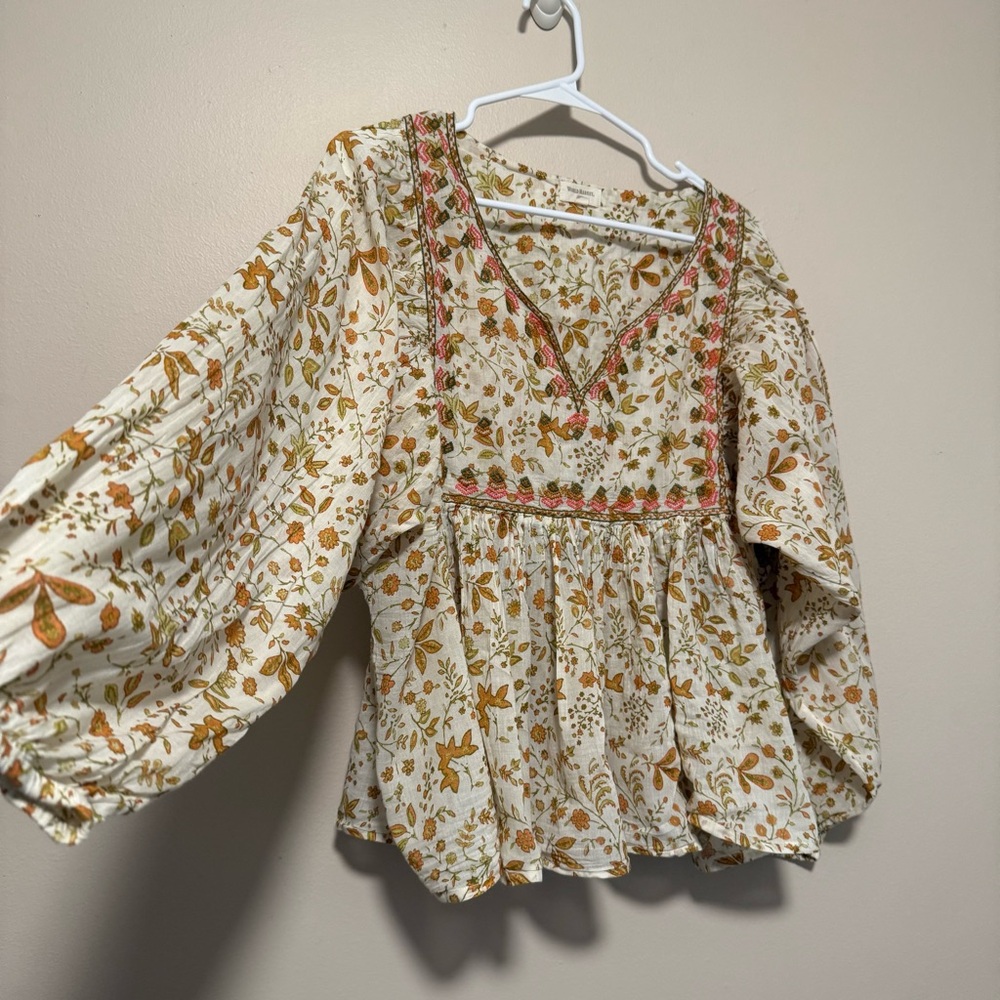 World Market Floral Bohemian Blouse - Cream and Orange